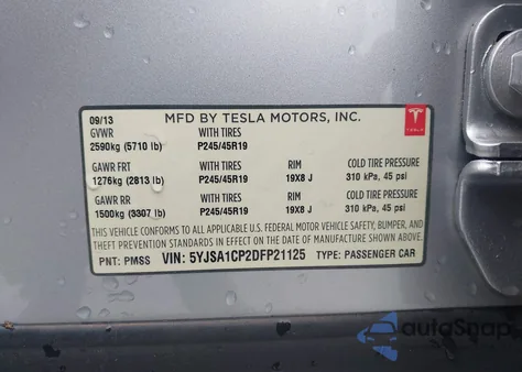 2013 Tesla Model S Performance z USA, uszkodzony, nr VIN 5YJSA1CP2DFP21125